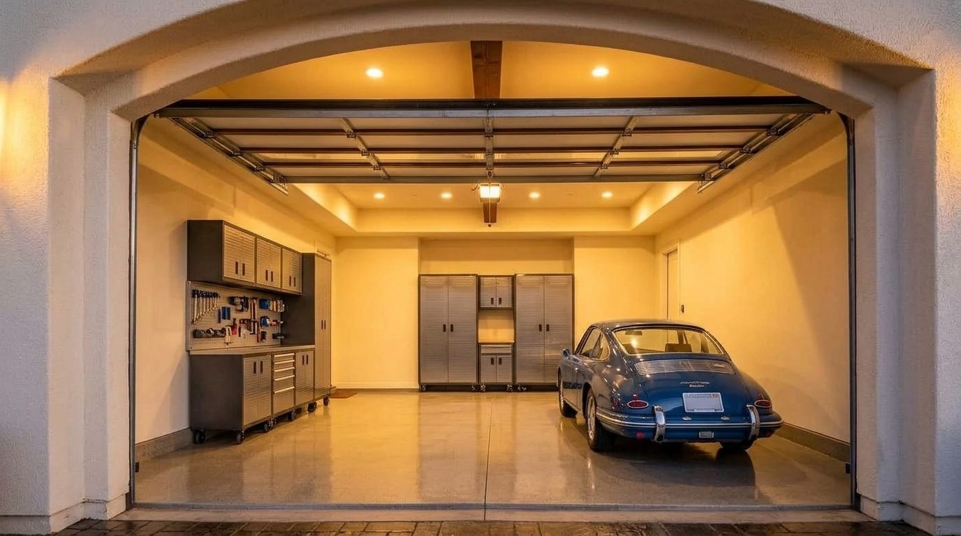 Pedersen Garage Door Interior View of Custom Garage Door Overhead and Workshop
